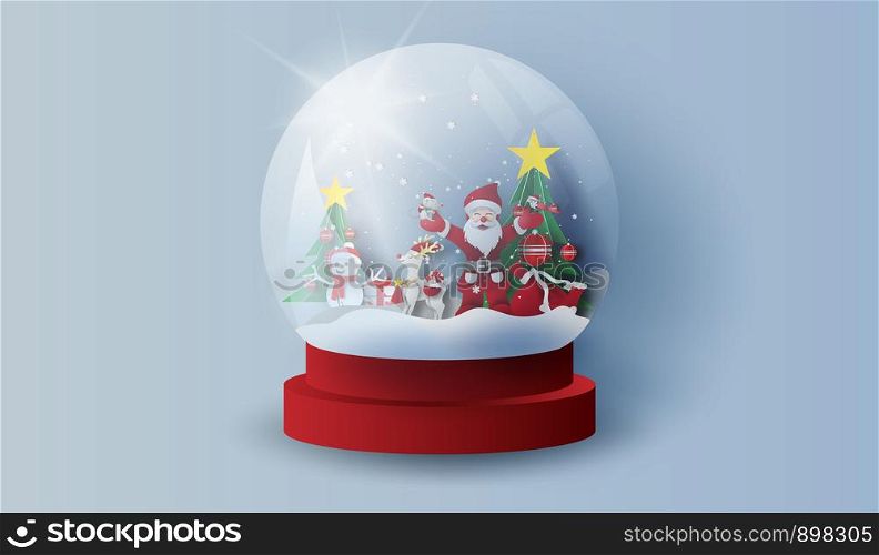 Glass ball snow stand with mountain landscape Christmas trees in forest.Happy new year and Merry Christmas day.paper art and craft.Snowman and Gift decoration for holiday and winter season.vector