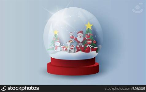Glass ball snow stand with mountain landscape Christmas trees in forest.Happy new year and Merry Christmas day.paper art and craft.Snowman and Gift decoration for holiday and winter season.vector