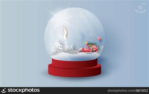 Glass ball snow stand with red Classic pickup truck car view landscape home.Happy new year and Merry Christmas day.Creative design paper art and craft.Gift decoration for holiday and winter. vector