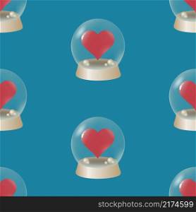 Glass balls with heart inside seamless pattern. Glass sphere with a red heart inside on a blue background. Seamless pattern for fabric, wallpaper or wrapping.. Glass balls with heart inside seamless pattern. 