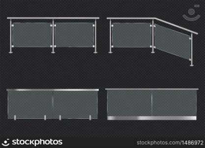 Glass balustrade with iron banister front and angle view. Vector realistic mockup of different sections of clear acrylic fence with metal railing isolated on transparent background. Glass balustrade with iron banister