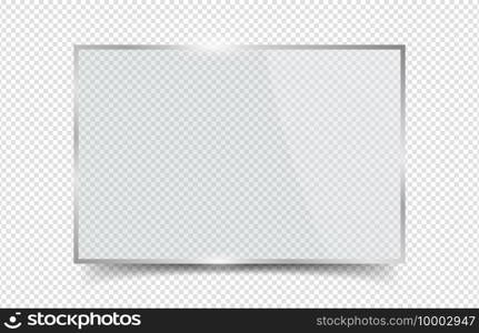 Glass banner. Reflection plexiglas window frame with glares. Vector realistic crystal rectangle board isolated on transparent background. Illustration glossy window, glare and clear, panel board. Glass banner. Reflection plexiglas window frame with glares. Vector realistic crystal rectangle board isolated on transparent background