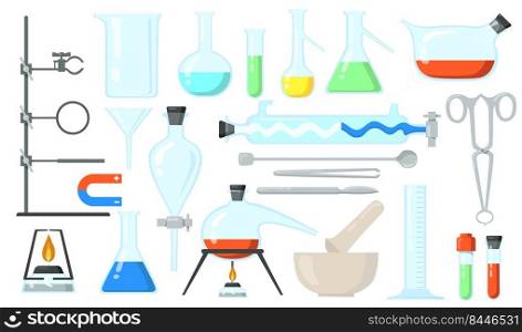 Glass beakers set. Lab tubes and bottles, tools for chemical experiment. Flat vector illustration for chemistry, laboratory, lab research, science concept.