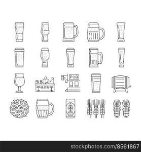 glass beer mug pint bar drink icons set vector. alcohol pub, cup foam, lager bottle, black ale, retro brewery, empty full craft glass beer mug pint bar drink black contour illustrations. glass beer mug pint bar drink icons set vector