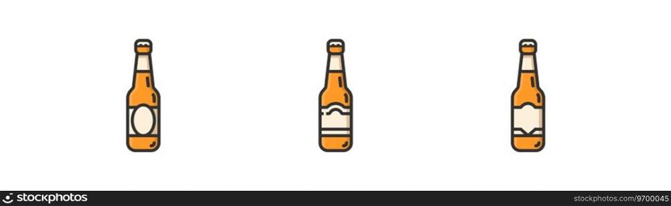Glass bottle beer icon set on white background. Alcohol drink symbol. Pub, bar, cold beverage. Outline flat and colored style vector illustration.
