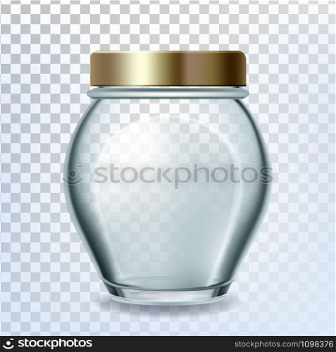Glass Bottle Closed By Golden Cap For Sugar Vector. Empty Glass Package For Storaging Flour, Salt, Groats Or Peanuts Transparency Background. Glassware Template Realistic 3d Illustration. Glass Bottle Closed By Golden Cap For Sugar Vector