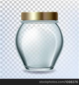 Glass Bottle Closed By Golden Cap For Sugar Vector. Empty Glass Package For Storaging Flour, Salt, Groats Or Peanuts Transparency Background. Glassware Template Realistic 3d Illustration. Glass Bottle Closed By Golden Cap For Sugar Vector