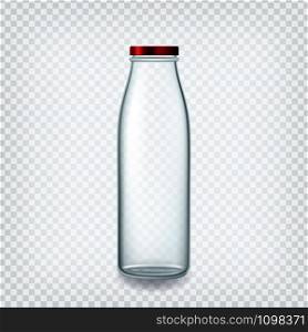 Glass Bottle Closed By Red Cap For Milk Vector. Empty Bottle For Breakfast Non-alcoholic Healthy Drink, Water Or Soda Beverage Transparency Background. Glassware Template Realistic 3d Illustration. Glass Bottle Closed By Red Cap For Milk Vector