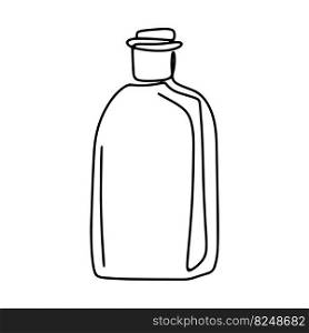 Glass bottle for liquids line art isolated vector illustration. Simple outline image of an old glass vessel. Black sketch on white background bottle with oil, drink or alcohol