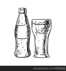 Glass bottle of soda with bubbles and filled glass with ice cubes isolated on white background. Sketch image. Bottle of soda and filled glass with ice