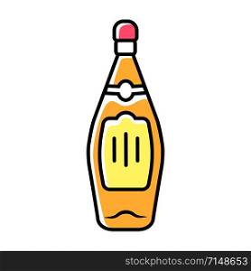 Glass bottle of wine, whiskey, rum color icon. Alcoholic drink, beverage. Color glass liquor bottle with yellow label. Stemware in bar, cafe, restaurant. Isolated vector illustration