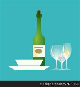 Glass bottle, plates and alcoholic drink with emblem vector. Tequila champagne with cork and label, served dishes for food, restaurant cafe serving. Glass Bottle, Plates Alcoholic Drink with Emblem