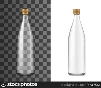 Glass bottle, realistic packaging vector 3d transparent empty mockup with cap lid. Mineral water, soda or juice or alcohol drink beverage glass bottle, package template on transparent background. Glass bottle realistic package, transparent mockup