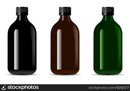 Glass bottle set. 3d glossy container package illustration. Medicine treatment packaging vector mockup. Black, brown and green serum bottle Aromatherapy essence flacon blank. Black glass bottle. 3d glossy container package