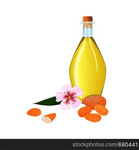 Glass bottle with almond oil, nuts, leaves and pink flowers, petals. Card template copy space. Oilplant for cooking, cosmetics, aromatherapy, perfume, food, healthcare, ointments oil prints textile. Glass bottle with almond oil, nuts, leaves and pink flowers, petals. Card template copy space. Oilplant for cooking, cosmetics,