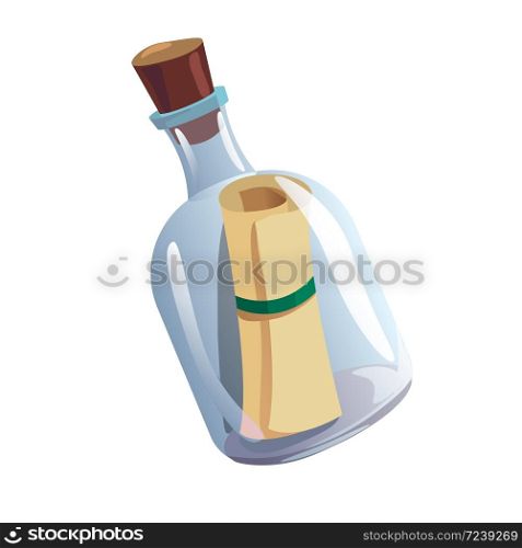 Glass bottle with cork and antique parchment scroll inside isolated on white background. Secret message on sheet of paper, mysterious letter from castaway. Flat cartoon colorful vector illustration.. Glass bottle with cork and antique parchment scroll inside