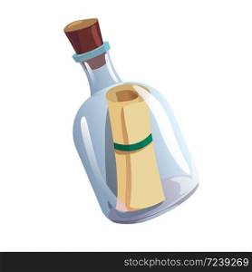 Glass bottle with cork and antique parchment scroll inside isolated on white background. Secret message on sheet of paper, mysterious letter from castaway. Flat cartoon colorful vector illustration.. Glass bottle with cork and antique parchment scroll inside