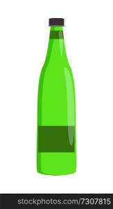 Glass bottle with label of green color, banner with container and liquid, alcoholid drink or sweet water, vector illustration isolated on white. Glass Bottle with Label Banner Vector Illustration