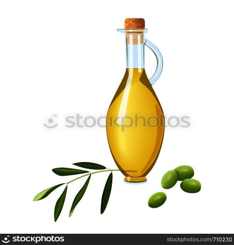 Glass bottle with olive oil, immature green olives, branch and leaf. Card template text. Oilplant oilbearing crop for cooking, energy industry, salad dressing, cosmetics, pharmaceuticals, perfume. Glass bottle with olive oil, immature green olives branch and leaf. Card template text. Oilplant oilbearing crop