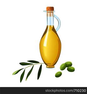 Glass bottle with olive oil, immature green olives, branch and leaf. Card template text. Oilplant oilbearing crop for cooking, energy industry, salad dressing, cosmetics, pharmaceuticals, perfume. Glass bottle with olive oil, immature green olives branch and leaf. Card template text. Oilplant oilbearing crop