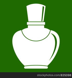 Glass bottle with perfume icon white isolated on green background. Vector illustration. Glass bottle with perfume icon green