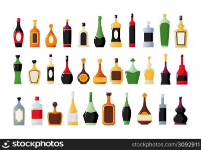Glass bottles. Cartoon alcohol drinks. Bar collection. Liquor and wine. Whiskey or rum. Liquid products packaging shapes. Glassware containers. Champagne and martini. Vector beverages packages set. Glass bottles. Alcohol drinks. Bar collection. Liquor and wine. Whiskey or rum. Liquid products packaging. Glassware containers. Champagne and martini. Vector beverages packages set