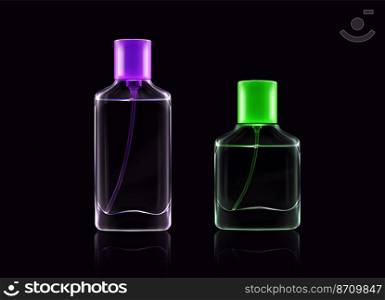 Glass bottles for fragrance, perfume, cologne, cosmetic spray. Vector realistic mockup of 3d blank transparent containers with tubes, green and purple caps and clear fluid. Glass bottles for fragrance, perfume, cologne