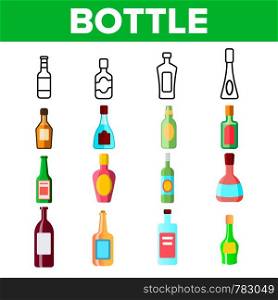 Glass Bottles Linear Vector Icons Set. Plastic, Glass Bottles Contour Symbols Pack. Alcohol Simple Color Pictograms Collection. Wine, Beer, Soda Flat illustrations. Isolated Drinking Cartoon Signs. Glass Bottles Linear Vector Icons Set