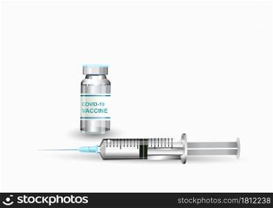 Glass bottles. Medical vials and syringes for vaccination. the clear white vaccine in syringe injections. for the prevention of Covid-19 Coronavirus. Isolated vector illustration with copy space.
