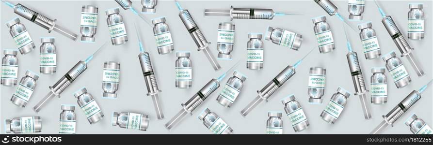 Glass bottles. Medical vials and syringes for vaccination. the clear white vaccine in syringe injections. for the prevention of Covid-19 Coronavirus. for Web Banner Design, Banner background.