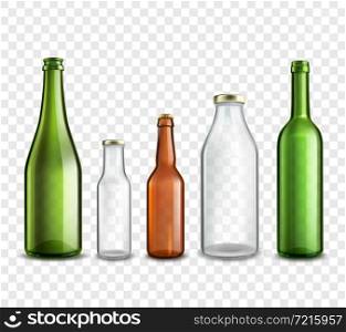 Glass bottles realistic 3d set isolated on transparent background vector illustration. Glass bottles transparent