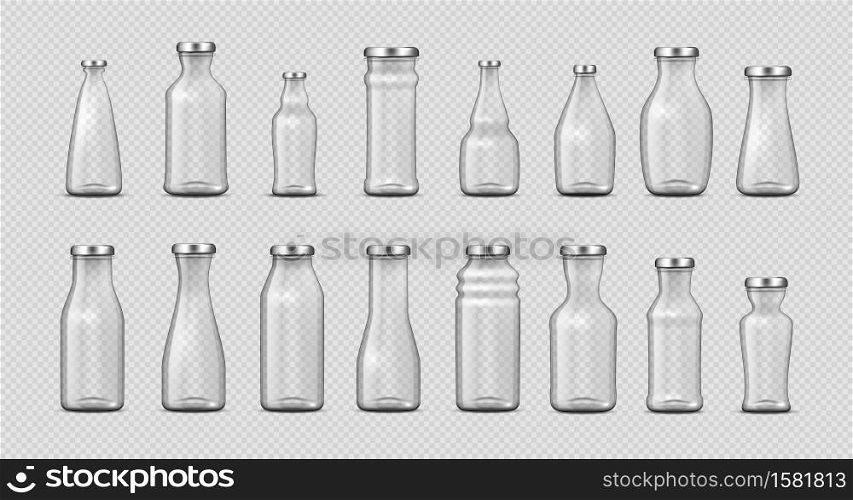Glass bottles. Realistic empty 3D containers for milk, water, cold coffee and juice advertising. Collection closed packages in different forms mockup. Vector isolated transparent jar template set. Glass bottles. Realistic empty 3D containers for milk, water, coffee and juice advertising. Collection closed packages in various forms mockup. Vector isolated transparent jar template set