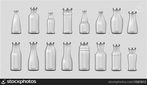 Glass bottles. Realistic empty 3D containers for milk, water, cold coffee and juice advertising. Collection closed packages in different forms mockup. Vector isolated transparent jar template set. Glass bottles. Realistic empty 3D containers for milk, water, coffee and juice advertising. Collection closed packages in various forms mockup. Vector isolated transparent jar template set