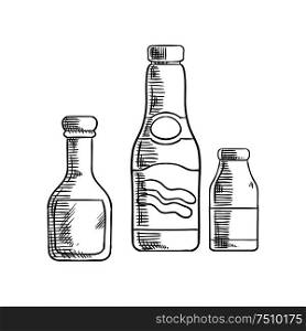 Glass bottles with tomato ketchup, mustard and sea salt condiments for recipe book, kitchen interior or accessories design. Sketch style. Ketchup, mustard and sea salt condiments