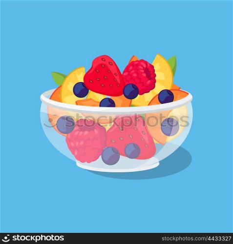 Glass Bowl with Fruit and Berries. Glass bowl with fruit and berries. Ripe sweet fruit in a glass isolated on a blue background. Apricot and peach slices with berries strawberries and raspberries currants. Vector illustration