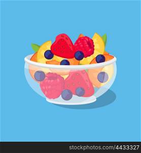 Glass Bowl with Fruit and Berries. Glass bowl with fruit and berries. Ripe sweet fruit in a glass isolated on a blue background. Apricot and peach slices with berries strawberries and raspberries currants. Vector illustration
