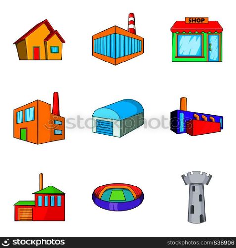 Glass building icons set. Cartoon set of 9 glass building vector icons for web isolated on white background. Glass building icons set, cartoon style
