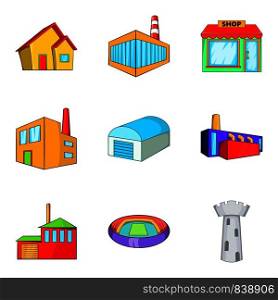 Glass building icons set. Cartoon set of 9 glass building vector icons for web isolated on white background. Glass building icons set, cartoon style
