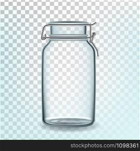 Glass Can Empty Container For Storage Pasta Vector. Closed Glass Bottle For Spaghetti, Wheat Or Uncooked Food Transparency Background. Kitchen Glassware Template Realistic 3d Illustration. Glass Can Empty Container For Storage Pasta Vector