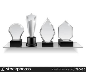 Glass ch&ion prizes on shelf. Realistic different award on shelving, winner trophy shiny acrylic awards various forms, blank competition cup, sport and music achieve vector isolated on white set. Glass ch&ion prizes on shelf. Realistic different award on shelving, winner trophy shiny acrylic awards various forms, blank competition cup, sport and music achieve vector set