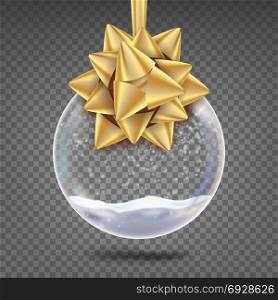 Glass Christmas Ball Vector. Realistic Sphere. Shiny Xmas Tree Toy With Snowflake And Golden Bow. Isolated On Transparent Background Illustration. Glass Christmas Ball Vector. Realistic Sphere. Shiny Xmas Tree Toy With Snowflake And Golden Bow. Isolated