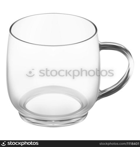 Glass coffee cup. Clean transparent tea mug mock up vector illustration. Realistic glassware blank with handle for hot drink on white background. Perfect empty teacup for breackfast. Glass coffee cup. Clean transparent tea mug mockup