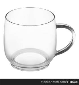 Glass coffee cup. Clean transparent tea mug mock up vector illustration. Realistic glassware blank with handle for hot drink on white background. Perfect empty teacup for breackfast. Glass coffee cup. Clean transparent tea mug mockup