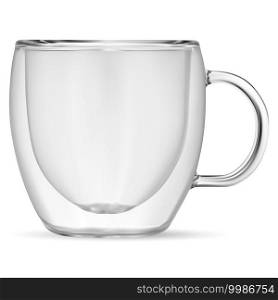 Glass coffee cup. Transparent double wall tea mug for hot drink, vector illustration, isolated on white background. Espresso or cappuccino macchiato irish cream caffeine drink cup blank. Glass coffee cup. Transparent double wall tea mug