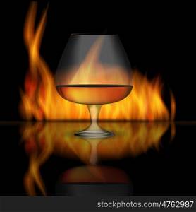 Glass Collector 50 year-old French Cognac on Background of Burning Fireplace Fire. Vector Illustration. EPS10. Glass Collector 50 year-old French Cognac on Background of Burni