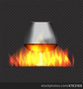 Glass Collector 50 year-old French Cognac on Background of Burning Fireplace Fire. Vector Illustration. EPS10. Glass Collector 50 year-old French Cognac on Background of Burni