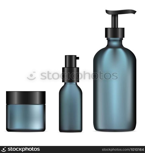 Glass Cosmetic Bottle Set. Pump Dispenser, Cream Jar Template Mockup. Facial Concealer, Moisturizer Product. Skin Tonic Packaging. Matt Blue Glass Set. Realistic vector Package.. Glass Cosmetic Bottle. Pump Dispenser, Cream Jar