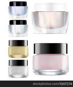 Glass Cosmetic Jar mock up. Round Glossy Cream Packaging. Makeup Products Clear Container. Vector Package Blank for Face and Skin Care. Empty jars Set with Plastic Cap for Scrub. Glass Cosmetic Jar mock up. Round Glossy Cream