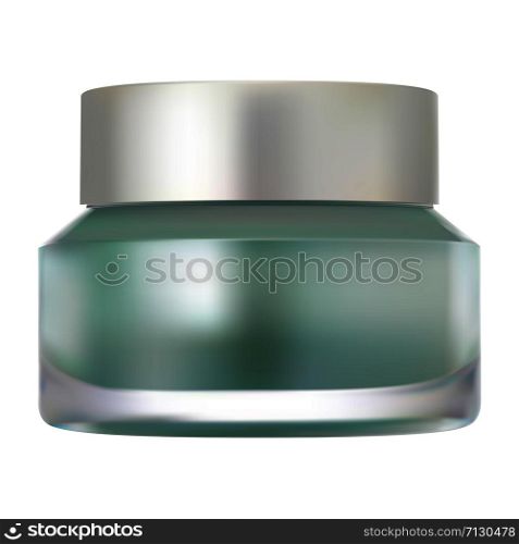 Glass cream jar mockup. Realistic vector container blank for cosmetic product. Round package with silver plastic lid for luxury makeup powder. Isolated green packaging template design. Glass cream jar mockup. Realistic vector container
