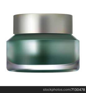 Glass cream jar mockup. Realistic vector container blank for cosmetic product. Round package with silver plastic lid for luxury makeup powder. Isolated green packaging template design. Glass cream jar mockup. Realistic vector container